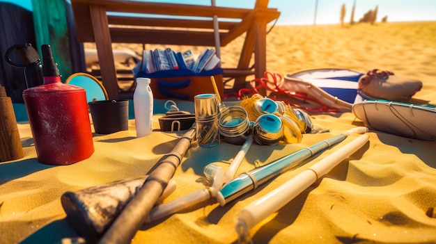 Photo close up of beach with lot of items on the sand generative ai