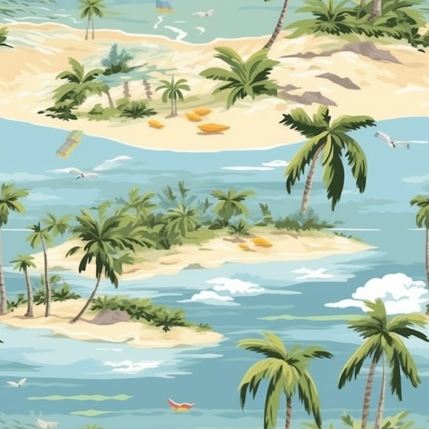 A close up of a beach with palm trees and boats generative ai