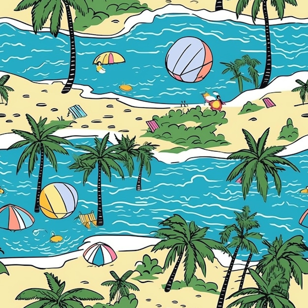 Photo a close up of a beach with palm trees and a body of water generative ai