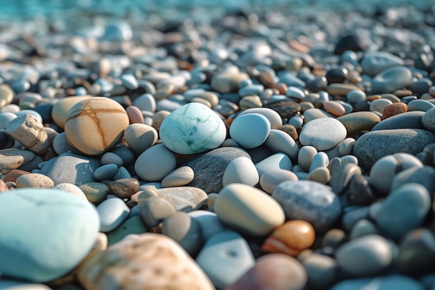 A close up of a beach with pebbles and a blue and white pattern