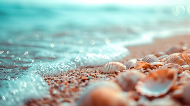 A close up of a beach with shells and water ai