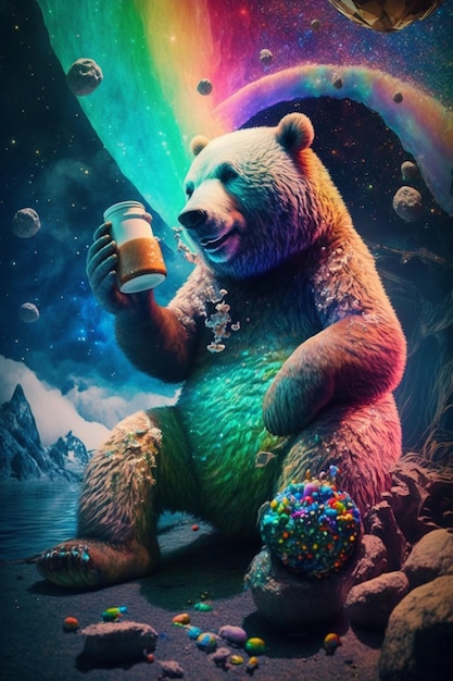 A close up of bear holding cupcake generative ai