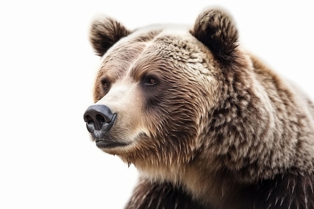 A close up of a bear's face with a white background