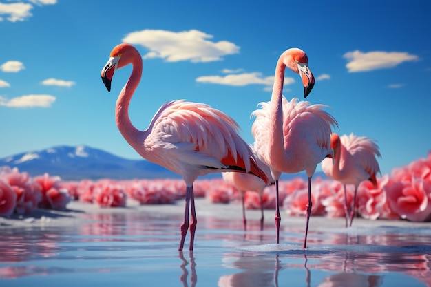 Close up of beautiful African flamingos that are standing in still water with reflection Generative AI