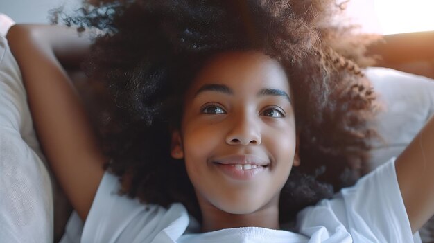 Close up beautiful African teenager girl sitting on sofa at home staring into distan Generative AI