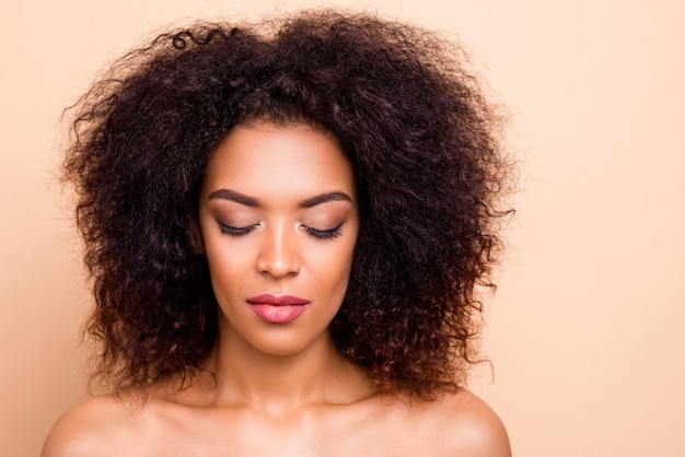 Close up  beautiful amazing lady fluffy hairstyle eyes closed