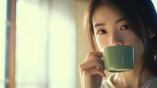 写真 美しいアジアの女性が朝に緑のカップで熱い飲み物を飲んでいます リラックスする囲気