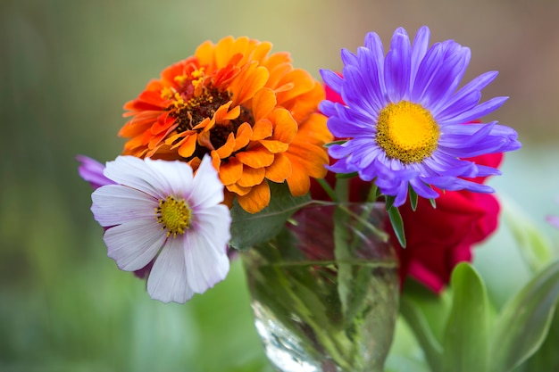 Close-up of beautiful autumn bright multicolored field flowers composition in transparent glass vase outdoors.