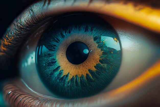 黄色い虹彩の美しい青い目のクローズ アップ ジェネレーティブ AI