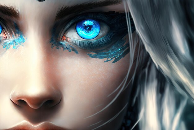 Close up of beautiful blue eyes with computer