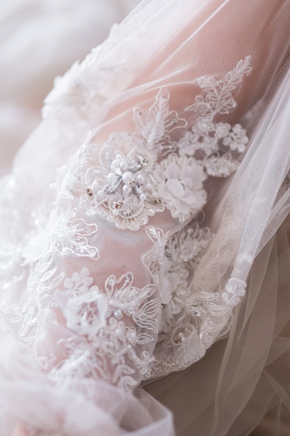 Close up of Beautiful bride in fashion wedding dress