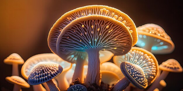 Photo close up beautiful bunch mushrooms color light macro photography view close up of pixel