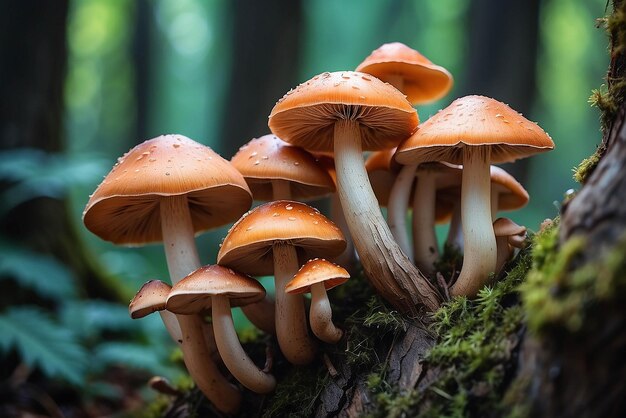 Close up beautiful bunch mushrooms color light in the tree background texture Macro Photography View