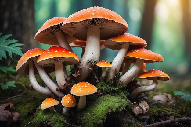 Close up beautiful bunch mushrooms color light in the tree background texture Macro Photography View