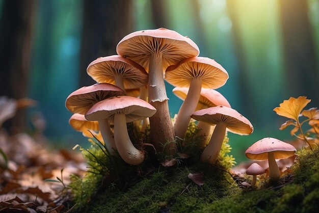 Close up beautiful bunch mushrooms color light in the tree background texture Macro Photography View