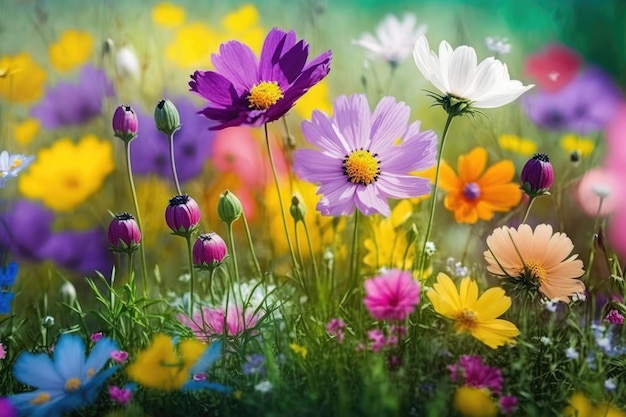 Close Up of a Beautiful Colorful Flower Meadow With Blurred Flowers in the Background