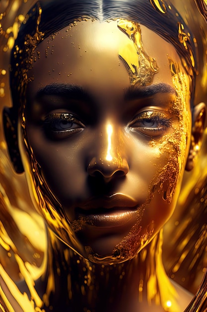 Close up of a beautiful curvaceous woman emerging from gold liquid pool AIGenerated