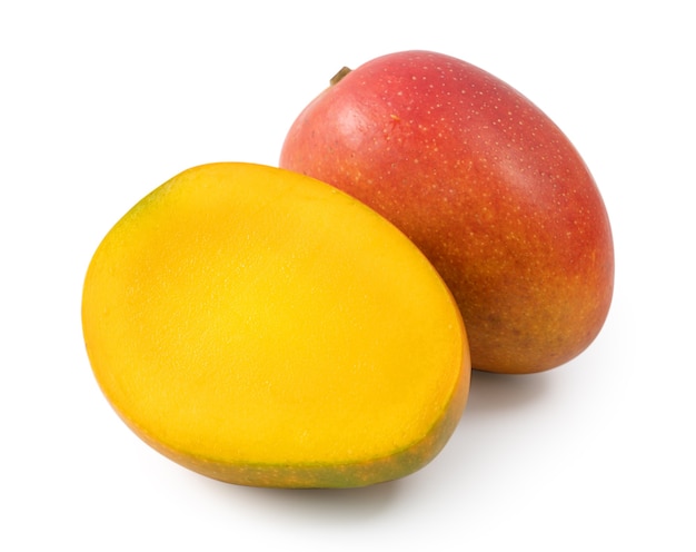 Close up of beautiful delicious ripe mango isolated on white table background, clipping path cut out.