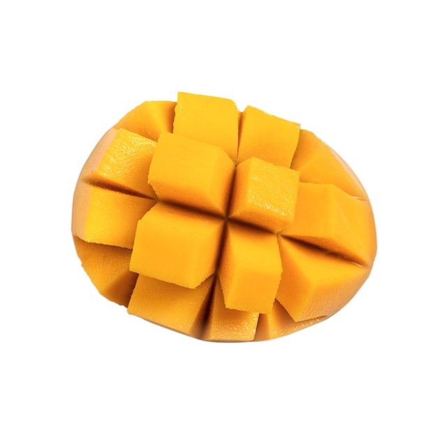 Photo close up of beautiful delicious ripe mango isolated on white table background, clipping path cut out.