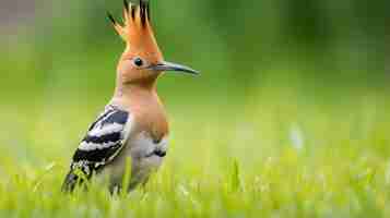 Photo close up of a beautiful eurasian hoopoe upupa epops on the grass of a green field generative ai