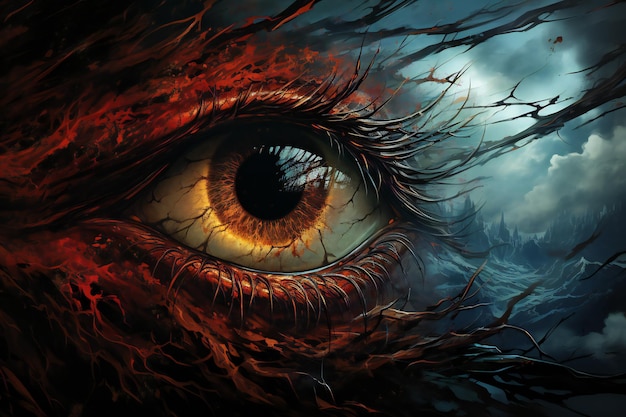 Close up of beautiful female eye Fantasy landscape