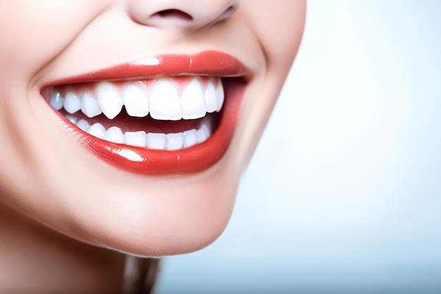 깨끗하고 하얀 치아를 가진 아름다운 여성의 미소를 닫습니다