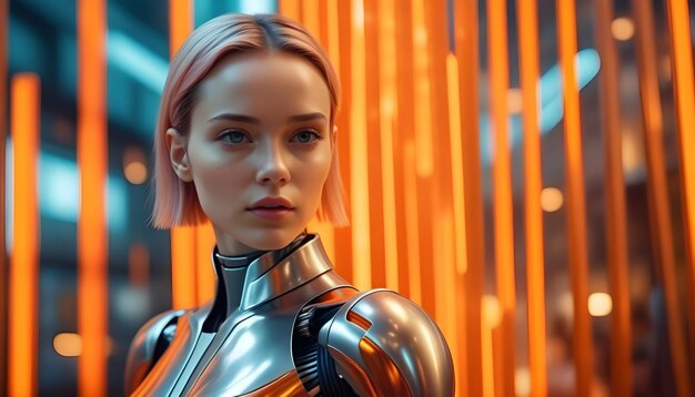 Photo close up of beautiful feminine android surrounded by vibrant orange bars monochromatic