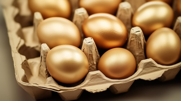 Close up of beautiful goldencolored eggs lie in a cardboard package on the table