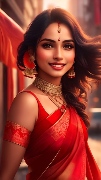 Close Up of a beautiful gorgeous attractive female model wearing a red Indian saree