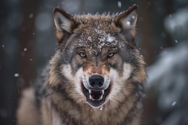 Close up of beautiful gray wolf in winter 3d AI generation Canis lupus