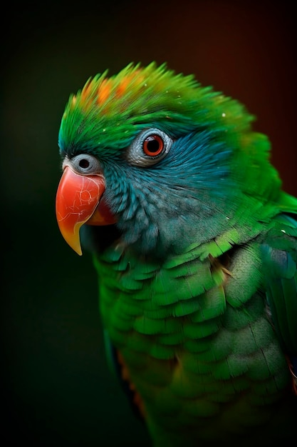 Foto up di un bellissimo pappagallo verde su uno sfondo scuro