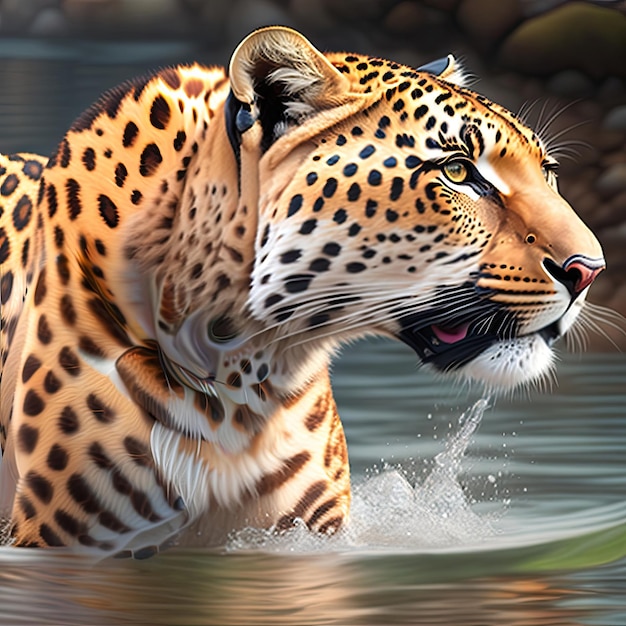 Красивый леопард в воде, опасный хищник в естественной среде обитания, цифровое искусство
