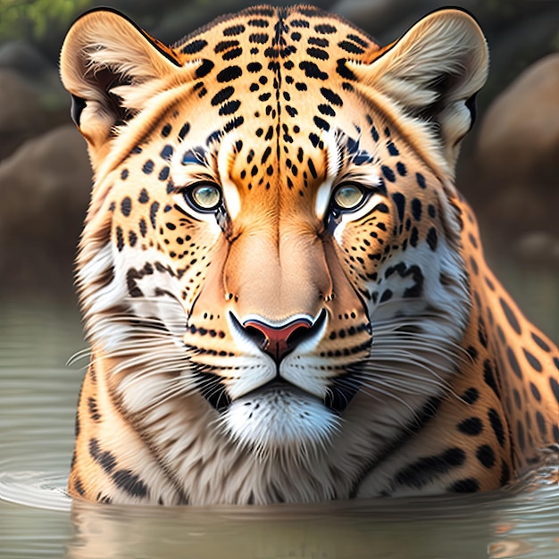 Close up beautiful leopard in water Dangerous predator in natural habitat Digital art