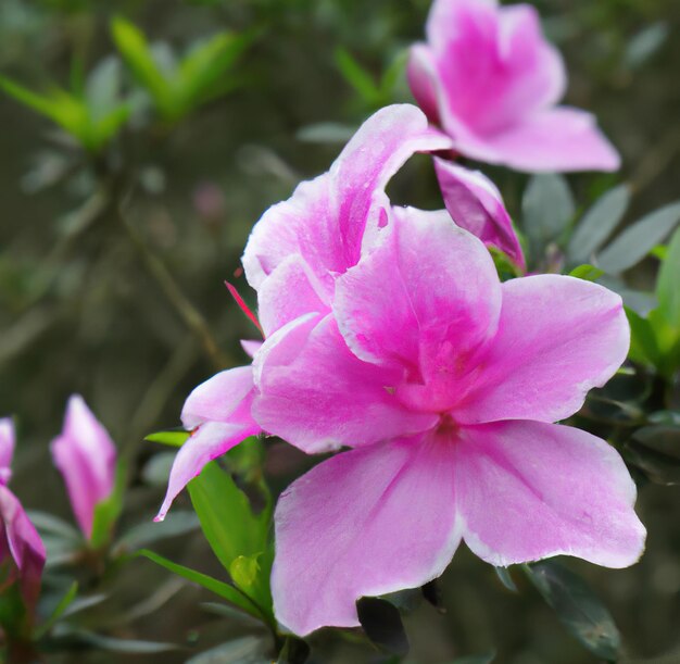 녹색 잎 위에 아름 다운 핑크 꽃의 클로즈업
