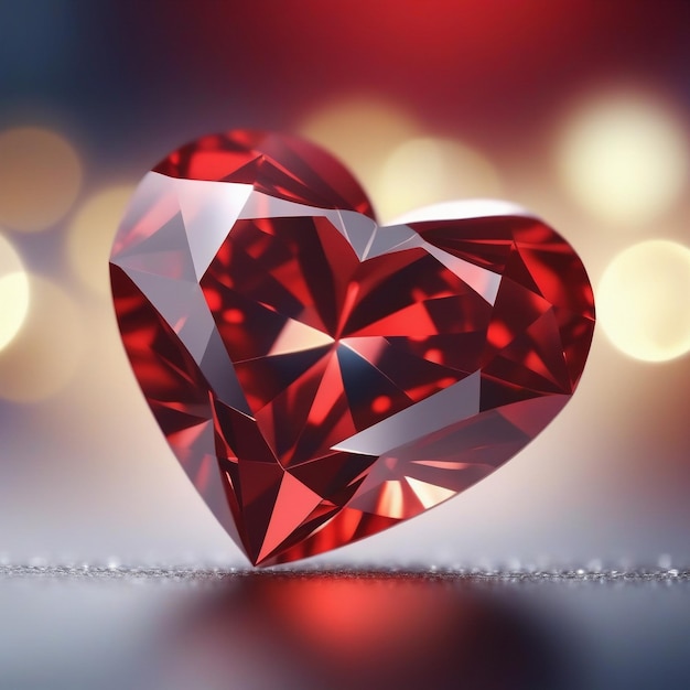 Foto primo piano di un bellissimo diamante a forma di cuore rosso posto su uno sfondo nero lucido ai generativo