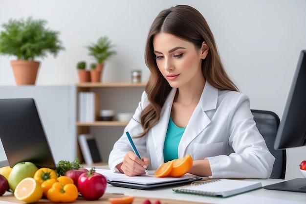 Photo close up of beautiful smart nutritionist woman working with computer while taking