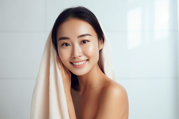 Photo close up beautiful smiling young asian woman issolated white skin