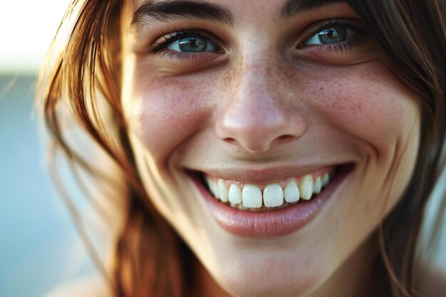 Close up of a beautiful smiling young woman with freckles