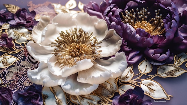 Close up of beautiful white and purple peony flowers with gold embroidery Generative AI