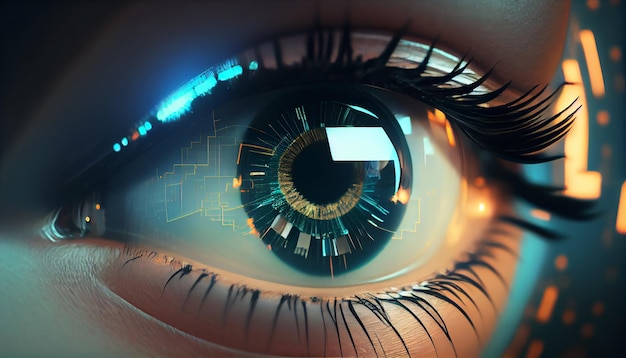 Крупным планом глаза красивой женщины с технологическим интерфейсом безопасности Концепция личной безопасности Генеративный ИИ