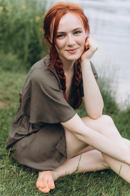 Close up beautiful woman portrait natural face freckles lifestyle girl with pigtails