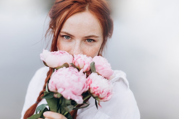 Close up beautiful woman portrait natural face freckles lifestyle girl with pigtails