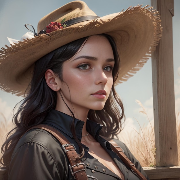 Photo a close up of a beautiful woman wearing a hat and a black shirt red dead redemption art style