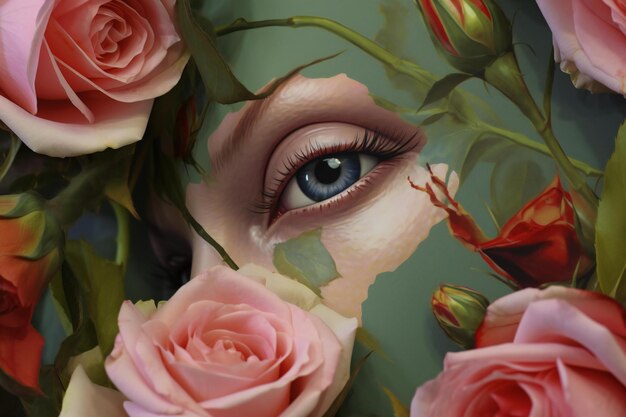Foto close up di un bel viso di donna fatto di rose e petali
