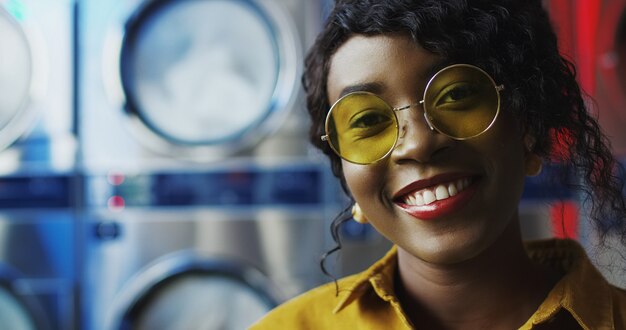 Close up of beautiful young African American woman in yellow sunglasses smiling cheerfully to camera in laundry service room. Portrait of pretty happy girl laughing with washing machines 