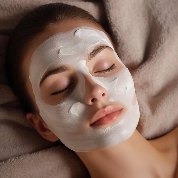 Photo close up of beautiful young girl with eyes closed enjoying white kaolin clay mask in beauty salon or