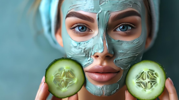 Photo close up beautiful young woman with facial mask on her face holding slices of cucumber copy space