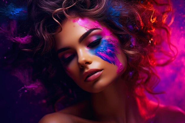 Close up of a beautiful young woman with paint makeup in her face Concept image on makeup industry Generative AI