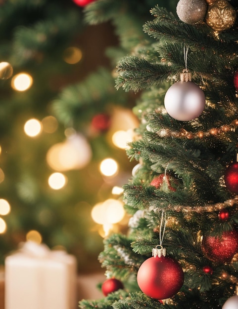 Крупным планом красивая рождественская елка на уютных размытых обоях фона