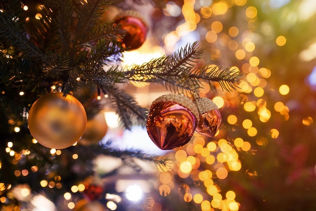 Primo piano di un albero di natale splendidamente decorato